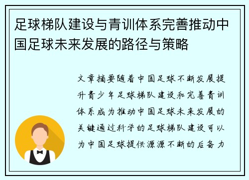 足球梯队建设与青训体系完善推动中国足球未来发展的路径与策略