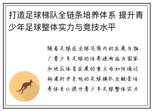 打造足球梯队全链条培养体系 提升青少年足球整体实力与竞技水平