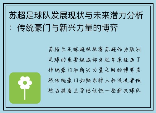 苏超足球队发展现状与未来潜力分析：传统豪门与新兴力量的博弈