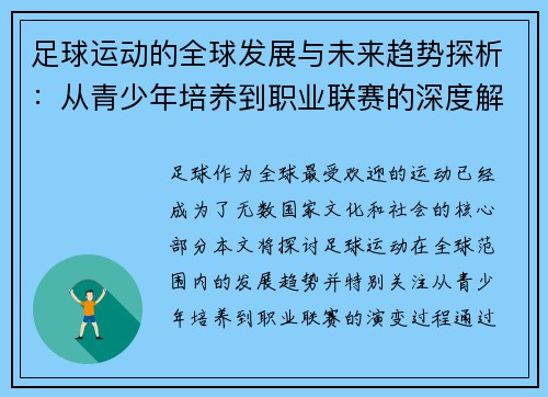 足球运动的全球发展与未来趋势探析：从青少年培养到职业联赛的深度解析