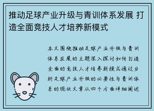 推动足球产业升级与青训体系发展 打造全面竞技人才培养新模式