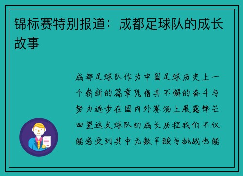 锦标赛特别报道：成都足球队的成长故事
