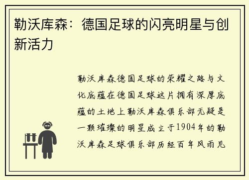 勒沃库森：德国足球的闪亮明星与创新活力