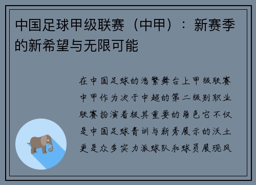 中国足球甲级联赛(中甲):新赛季的新希望与无限可能